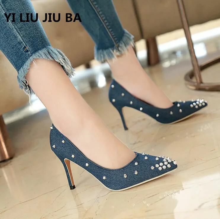 

Spring Women Pumps Women Shoes High Heel Sexy Pointed Toe rivet High Heels Shallow mouth Zapatos Mujer Wedding Shoes women **107