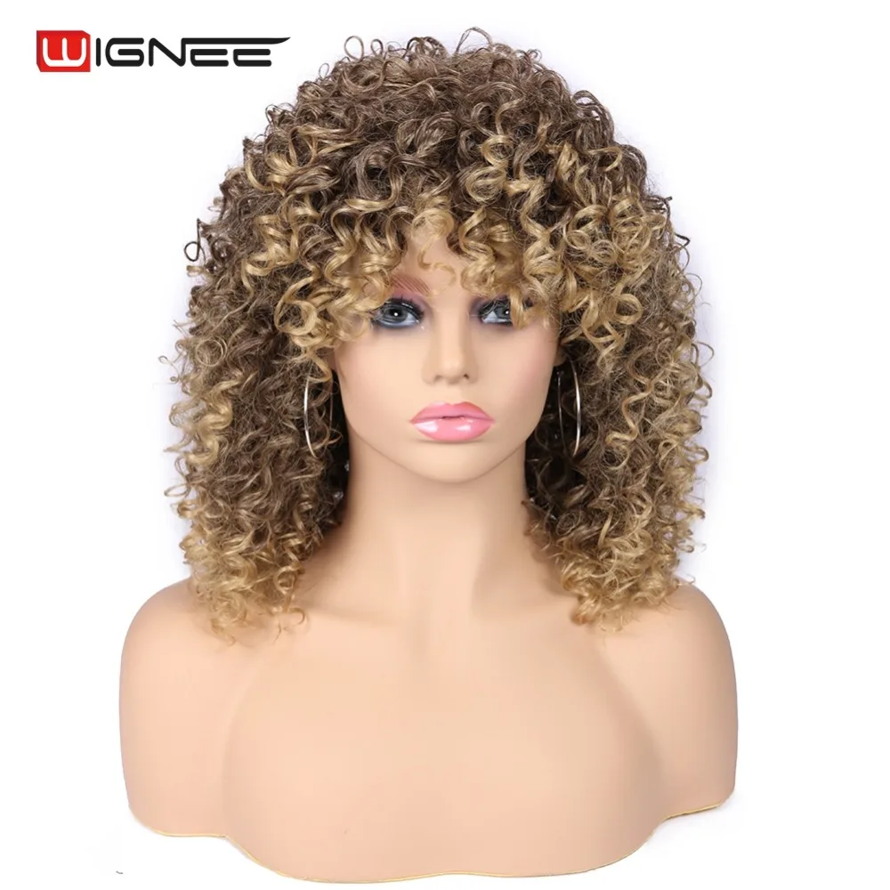 Wignee кудрявый парик с челкой высокая плотность температура смесь коричневый блонд нет кружева синтетические парики для женщин афро-американский