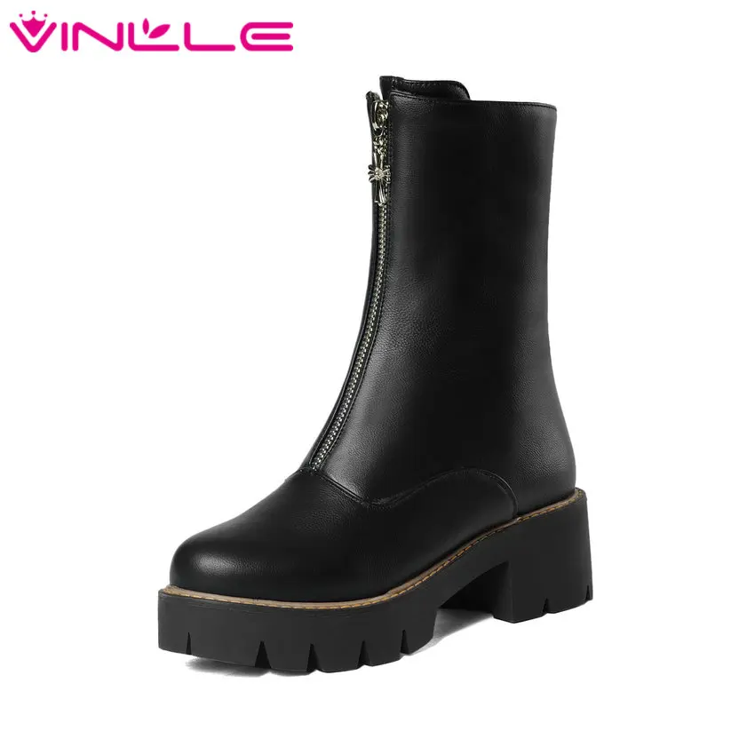 

VINLLE 2018 Women Boots Zipper Pointed Toe Square Heel Solid Chains Platform Design Fashion Ladies Mid-Calf Boots Size 34-43