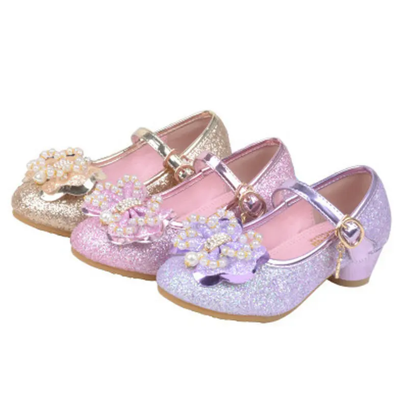Детские сандалии для принцесс для девочек, кожаные туфли, вечерние танцевальные туфли на высоком каблуке с жемчужным бантом для детей 4-12 лет