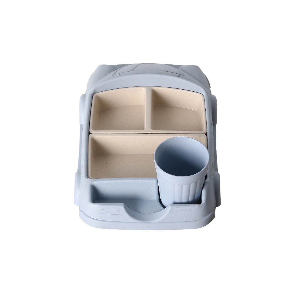 GZZT Bamboo Fiber Baby Dishes Blue Cartoon Car Shape Lunch Box Bowl Children Kid Infant Rice Feeding Plate Dinnerware Sets