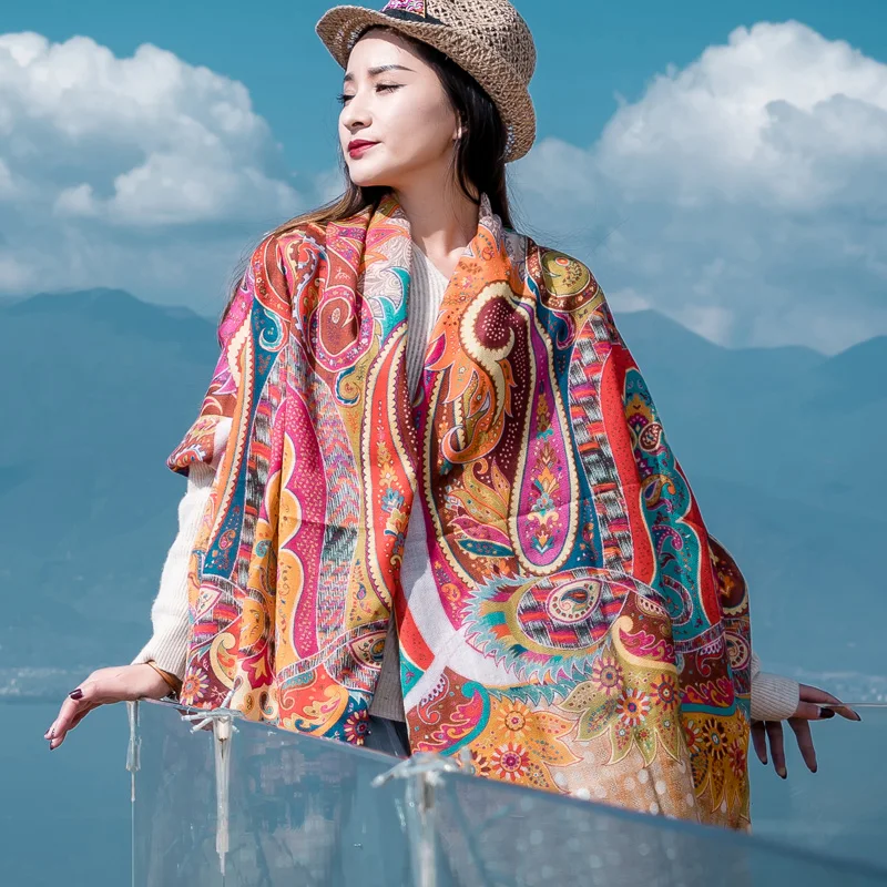 

high quality Bohemia handmade flowers color red orange embroidery wool scarf Shawl size:70*200cm(dry cleaning)