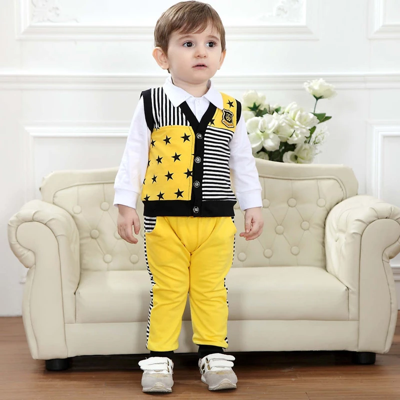 

New Born Imported Baby Boy Clothes 2018 Atummn Boy Suit Formal Vest + Shirt +pant Yellow Cotton Gentleman Clothing Set 3 Pcs