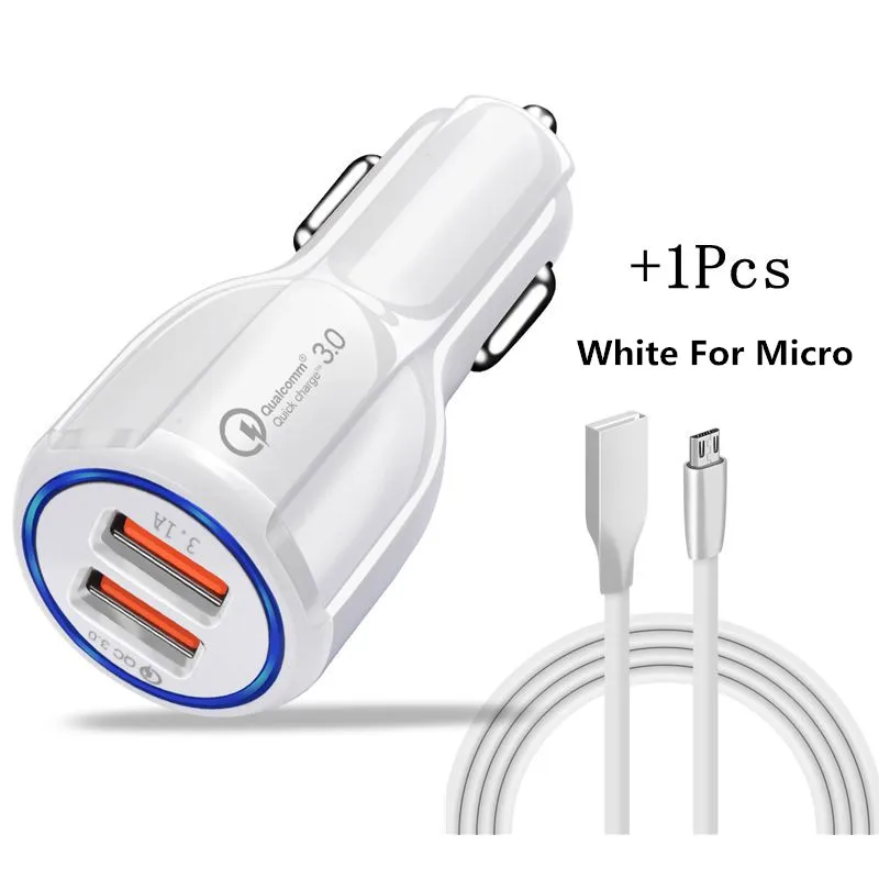 With White V8 Cable Автомобильное зарядное устройство Quick Charge 3,0 QC 3,0 Быстрая Зарядка адаптер двойной USB Автомобильное зарядное устройство для iphone Micro usb type C кабель зарядное устройство для телефона s - Тип штекера: With White V8 Cable