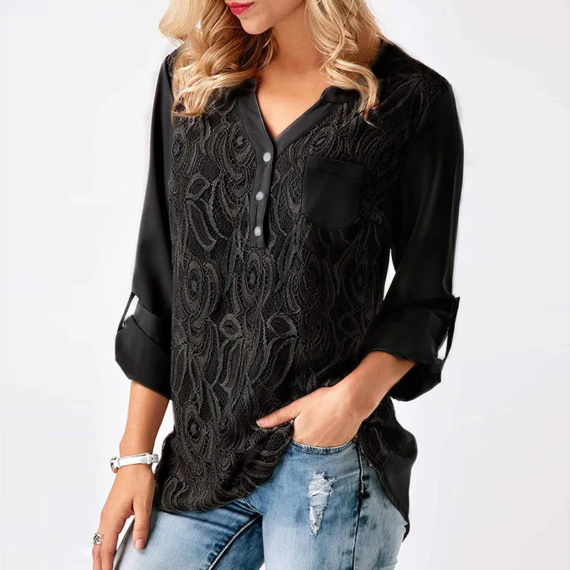 

Kez keer 2018 women chiffon blouses shirt long sleeve sexy lace v neck shirt female summer casual wear tops camisa plus size 3XL