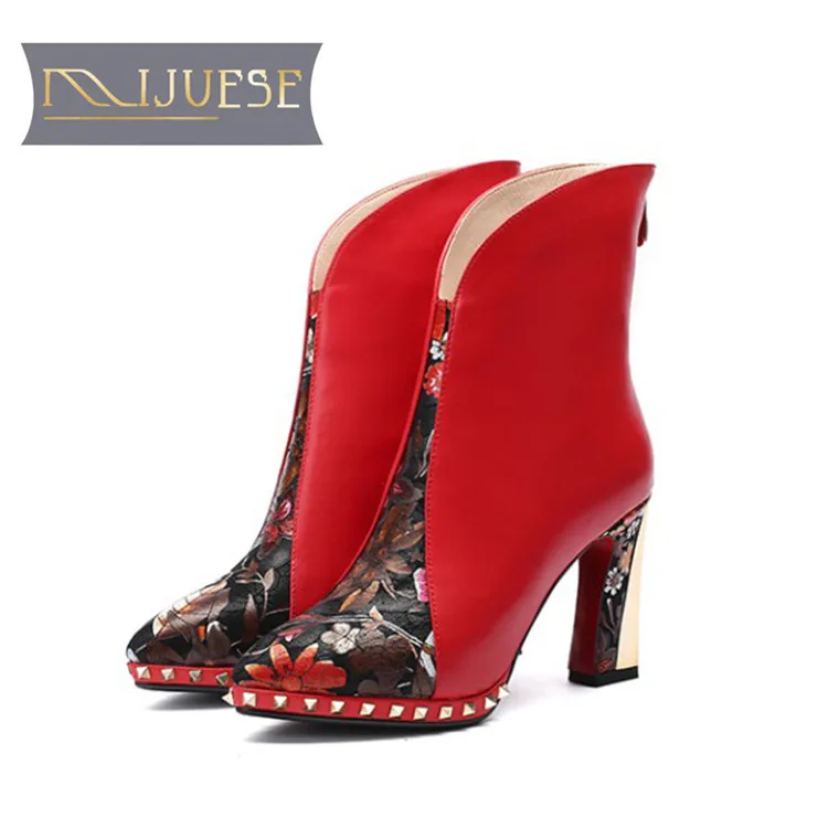 

MLJUESE 2019 women Mid-calf boots cow leather flowers winter warm female boots high heels women boots size 33-43 party wedding