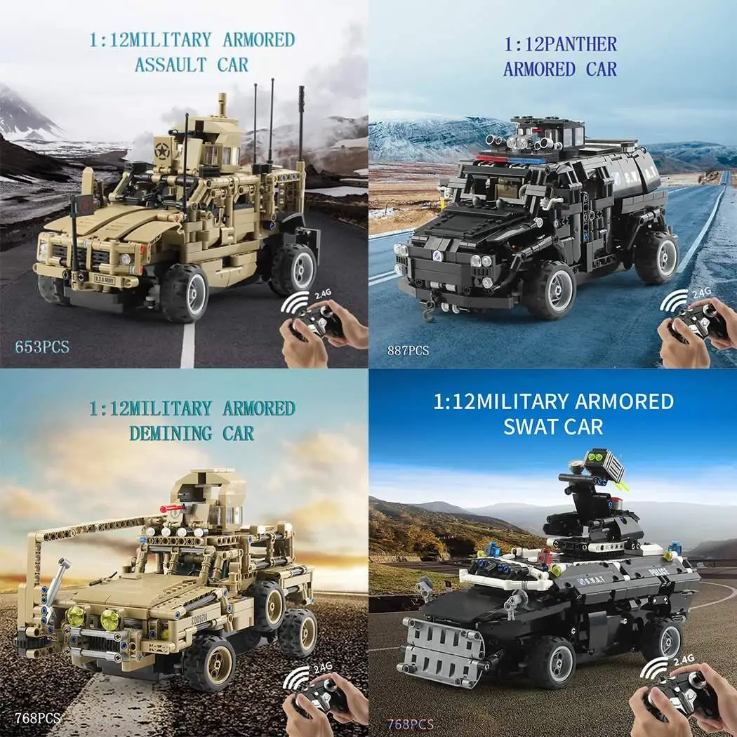 

1:12 Educational Toys Armored Vehicle 2.4G 7-10 years old Remote Control Set Car DIY Assembled Building Blocks