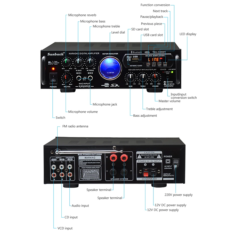 Amplificador Bluetooth AV усилитель мощности аудио доска стерео домашний Звук Усилители с микрофоном USB SD FM профессиональный автомобильный усилитель