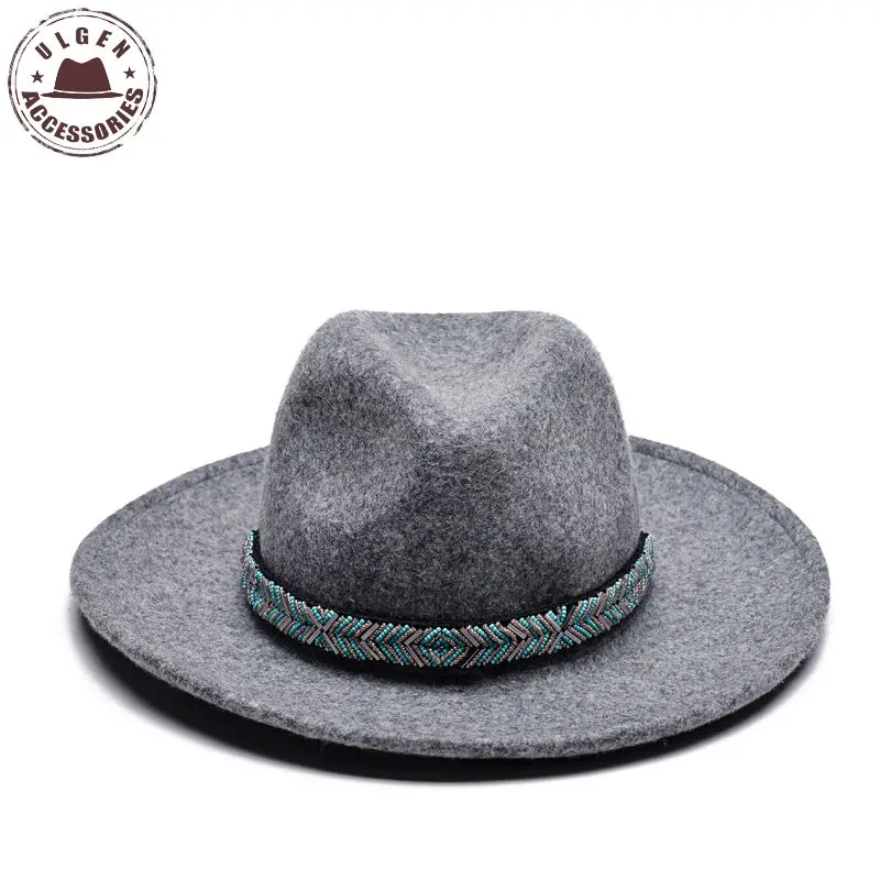 

ULGEN Jewelry hat Vintage Bohemia women Winter hat wool mens fedora hat womens cowboy panama hats large brim with jewelry band