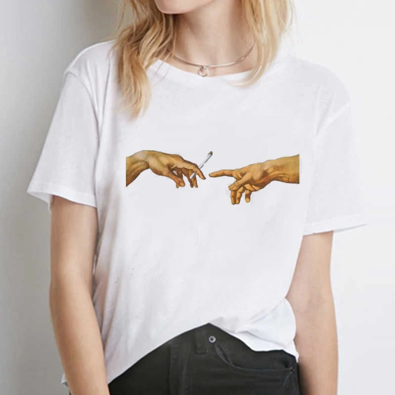 

Adam Hand Michelangelo Sistine Chapel Hipster Street Style Print Women's Clothing Short Sleeve T Shirt Retro Aesthetics Painting