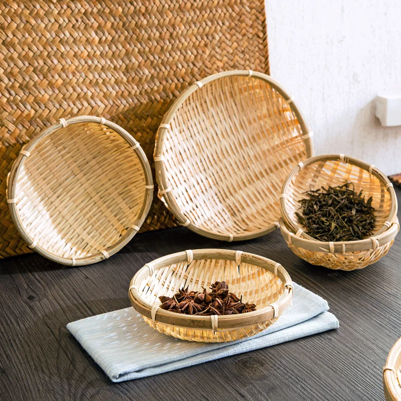 

1pc Small Handmade Bamboo Dustpan Sieve Dry Fruit Plate Snack Basket Eco Natural Storage Basket