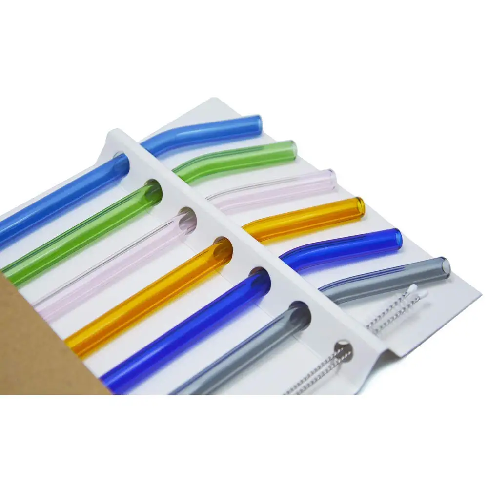 Reusable Long Bent Glass Drinking Straws, 190mm8mm Set of 6 with 2 Cleaning Brushes, Healthy, Reusable, Eco Friendly, BPA Free, Very Sturdy,Multi Color for Smoothies (3)