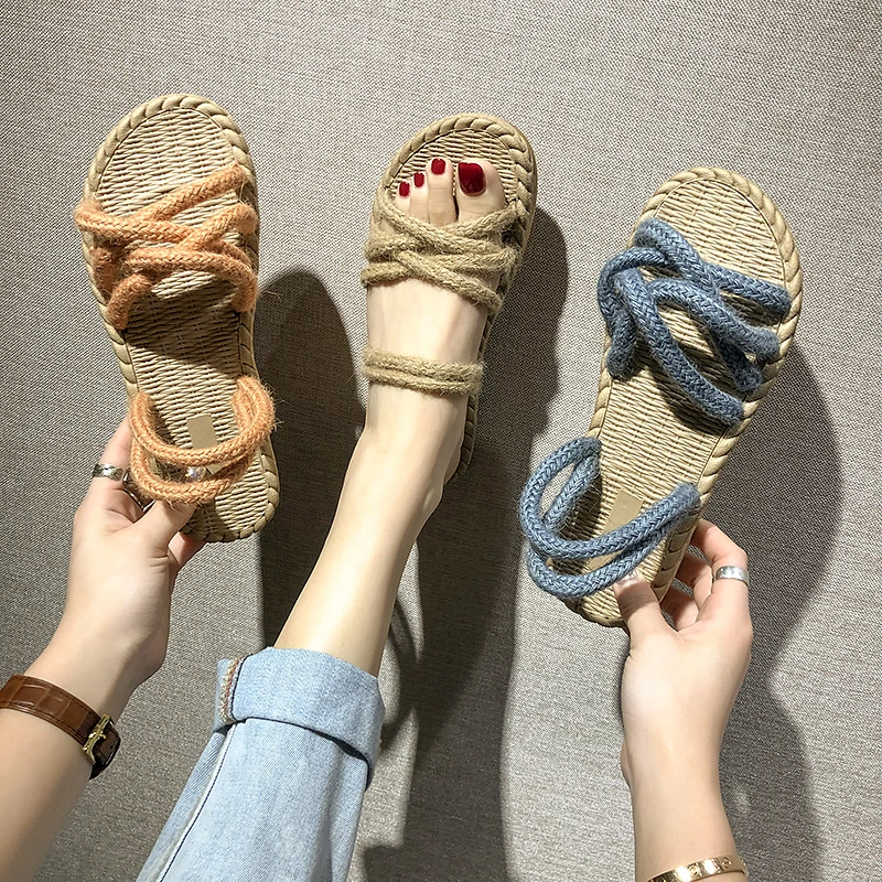 

Straw sandals women 2019 summer new Korean version of outer wear net red flat-bottomed sandals sandals and slippers