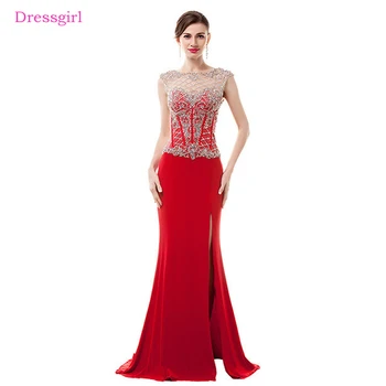 

Red 2019 Prom Dresses Mermaid Cap Sleeves Chiffon Beaded Crystals Backless Slit Long Prom Gown Evening Dresses Robe De Soiree