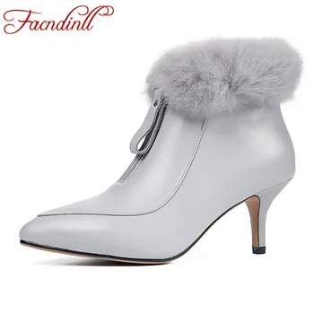 

FACNDINLL shoes genuine leather women ankle boots autumn winter warm boots sexy high heels zipper real fur woman dress party