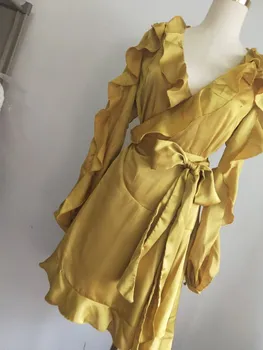 

2018 Autumn Ruffle Solid Yellow Dress Asymmetrical Women V-Neck Mini Dress Holiday Vocation Asymmetric Pink Dress