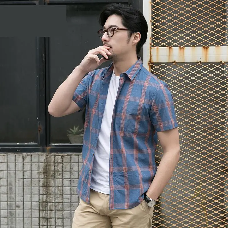 

2019 new arrival fashion Short sleeved mens Summer 100%Cotton Young Casual Shirts Casual Plaid plus size MLXL2XL3XL4XL5XL6XL