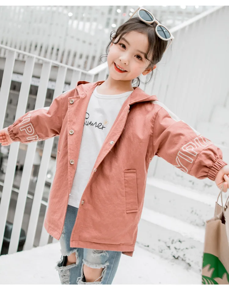 Детская куртка-ветровка для детей модная одежда для девочек Дети розовая толстовка с капюшоном; с надписями; Верхняя одежда; пальто для маленьких девочек Костюмы на возраст 3, 6, 10 лет