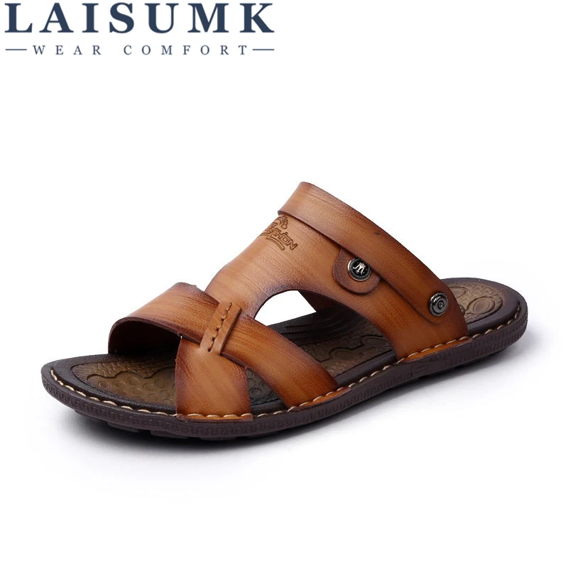 

LAISUMK Man Sandals Leather Fashion Summer Shoes Men Slippers Breathable Men's Sandals Causal Shoes Leather