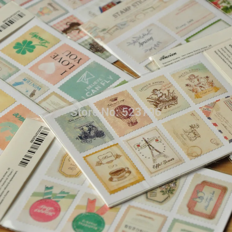 

Free shipping 1 lot=16 sets=32 pcs DIY Scrapbook Paper Retro Tower Flower Stamps Stickers Decoration Sticker