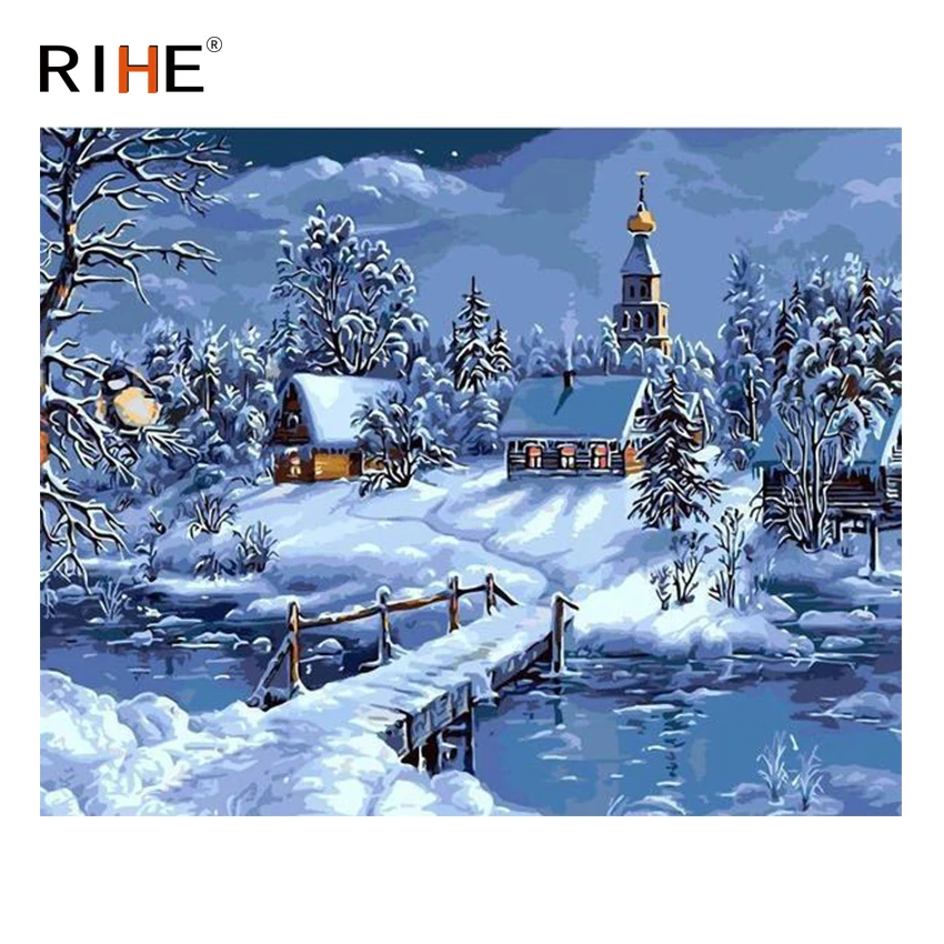 

RIHE Snow Village Diy Painting By Numbers Winter Oil Painting On Canvas Cuadros Decoracion Acrylic Coloring By Numbers 40x50cm