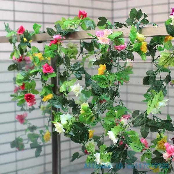 

1 stem 230cm (7.6FT) Beautiful Artificial Rose Green Leaves Vine Silk plastic Flowers Home Wedding Decoration Gift F7