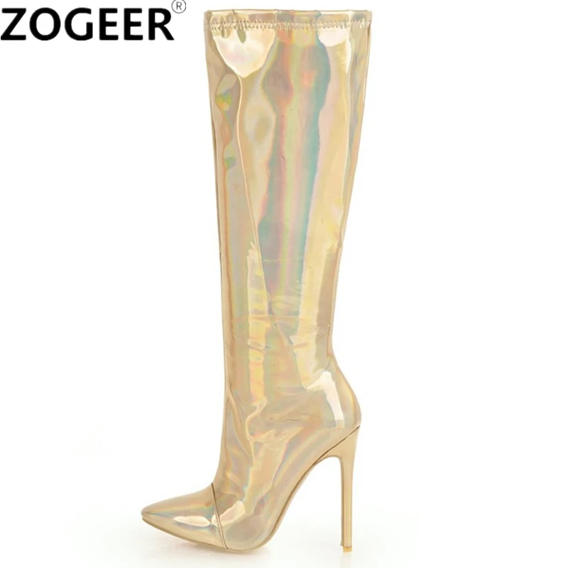 

Plus size 48 Women Boots Sexy Fetish Dance Nightclub Party Shoes High Heel Gold Silver Women Knee High Boots Thigh High Boots