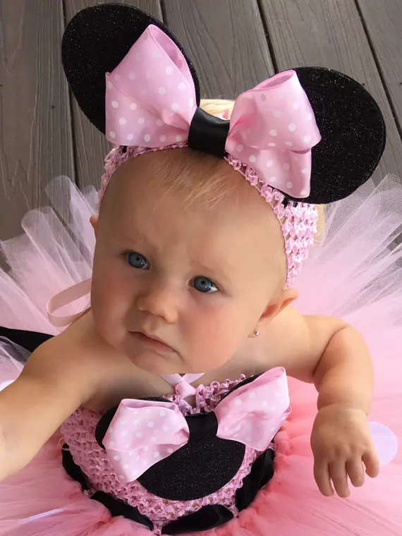 Vestido com Pontos Brancos e Hairbow Festa dos Desenhos Bonito Meninas Rosa Mickey Tutu Vestido Bebê Crochê Tule Crianças Aniversário Animados Cosplay Mod. 254994 15 Mamãe e Bebê