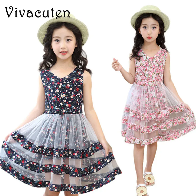 

2018 Flower Floral Print Girls Dress Summer Toddler Teen Clothes Children Sleeveless Party Holiday Kids Dresses For Girls H174