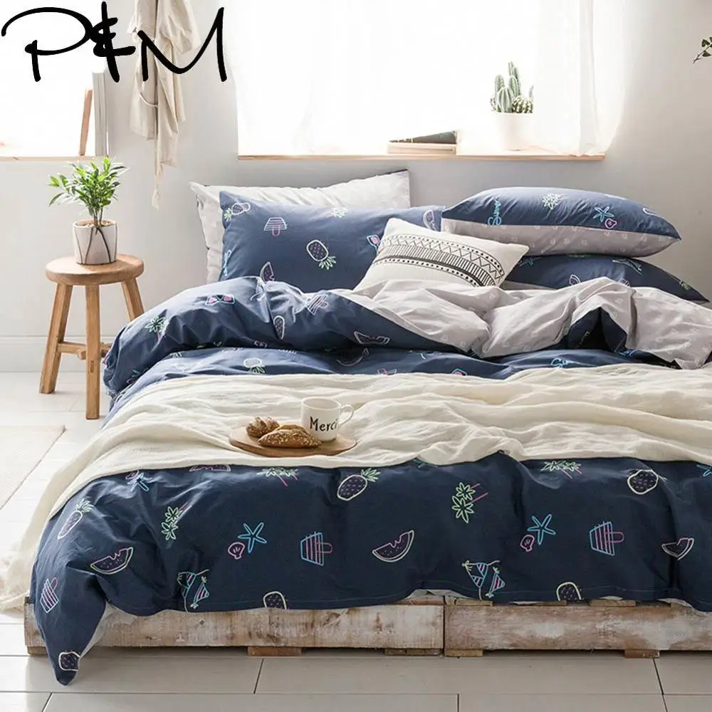 

Papa&Mima Fruit and seashells print fashion style cotton Queen Twin size bedding set duvet cover flat sheet pillowcases