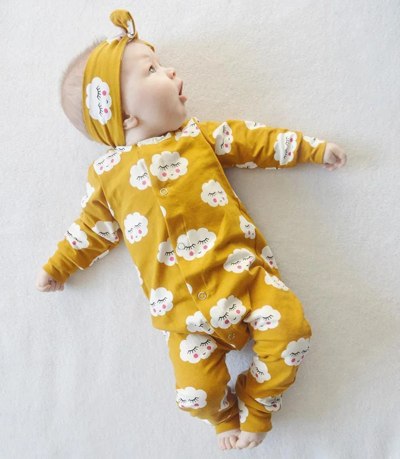 

2019Hot sell baby clothes Long sleeve baby rompers Clouds smile printing newborn clothes yellow baby girl boy clothing jumpsuit