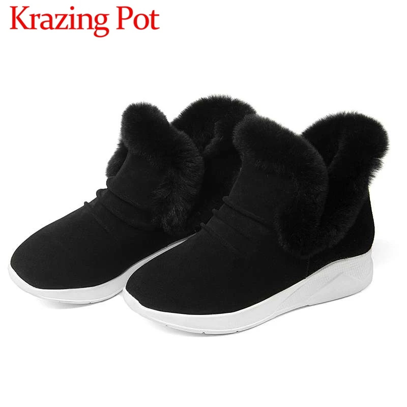 

Popular snow boots winter plush keep warm rabbit fur round toe med thick bottom high quality slip on streetwear ankle boots L60