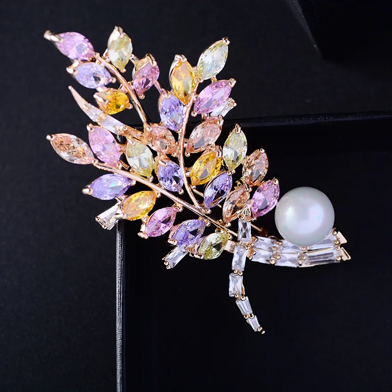 Trendy Elegant Jewelry Accessory Cubic Zircon Leafs Flower Brooches Pin Lady Scarf Buckle CZ Jewelry 2747