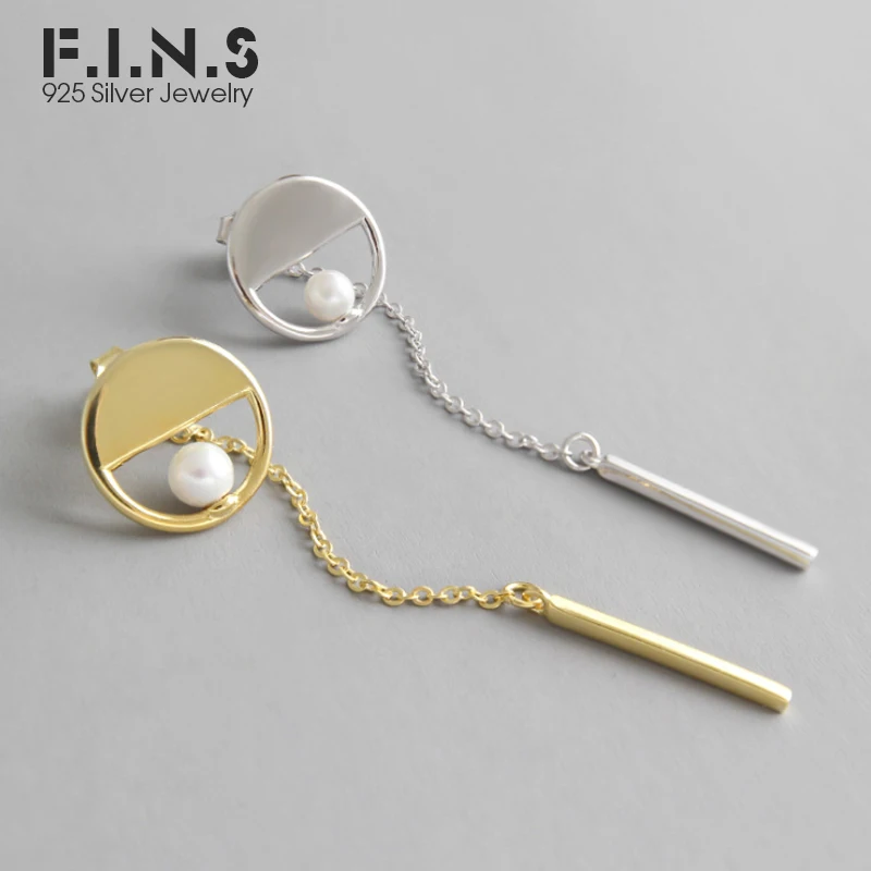 

F.I.N.S Korean Earrings 925 Sterling Silver Earring for Women Fashion Gold Stick Round Drop Earrings with Pearl Fine Jewelry