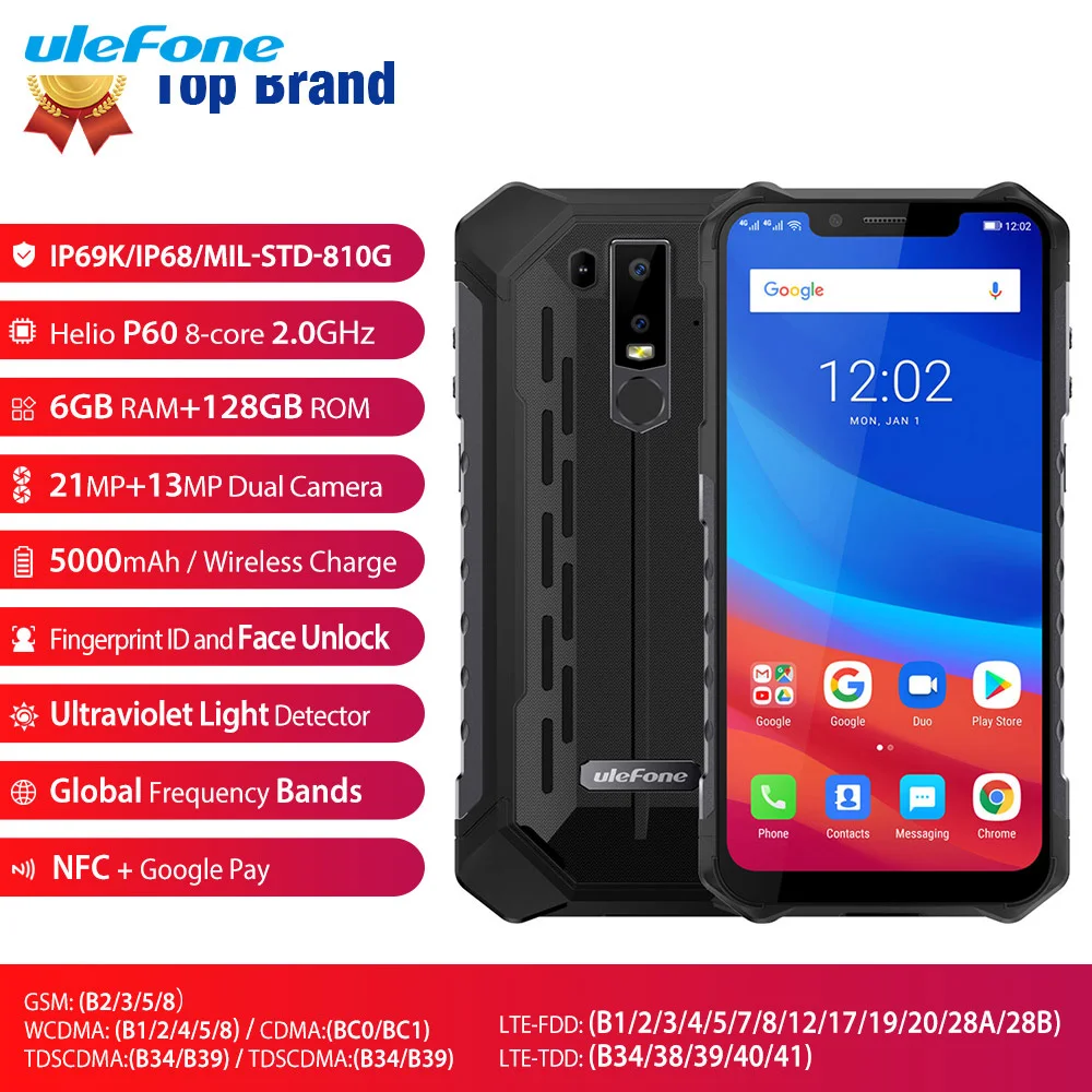 Ulefone Armor 6 IP68 IP69K Android 8,1 смартфон 6," Helio P60 6G+ 128G Face ID Беспроводная зарядка прочный водонепроницаемый мобильный телефон