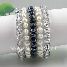 Мода жемчужный браслет AA 7-8 мм белый натуральный пресноводный жемчуг барокко формирователь и синий и серый кристалл 5 рядов A2593
