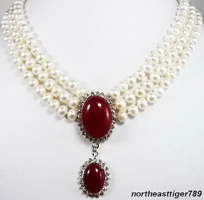 

Hot sale 3 Rows White Pearl Red Jade 18KWGP Crystal Pendant Necklace