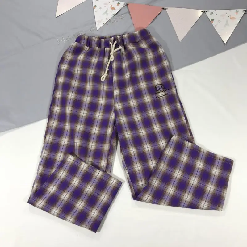 Летние фиолетовые клетчатые брюки с вышивкой и завязками; брюки с высокой талией; эластичная укороченная женская повседневная одежда; Капри с рисунком