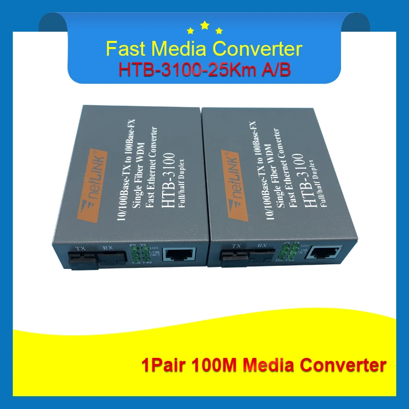 

1 Pair HTB-3100AB 10/100M Optical Fiber Media Converter to RJ45 Transceiver Single Fiber Single Mode Converter 25km SC 10/100M