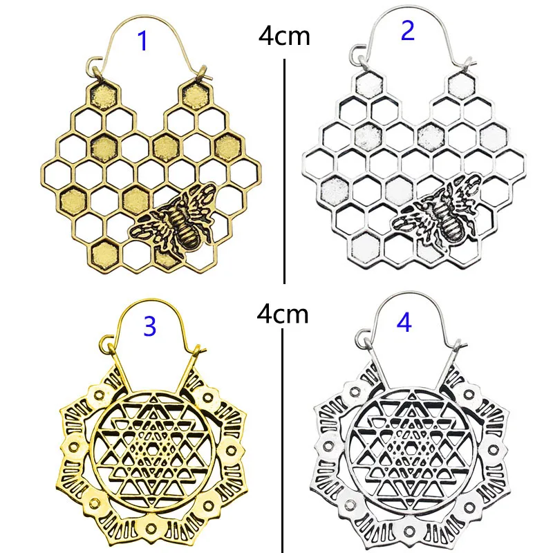 Пчела Лотос череп мандала цветок серьги Племенной латунь золотые серьги-кольца Бохо этнические Висячие Винтажные серьги