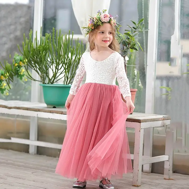 Платье принцессы для девочек свадебное платье длиной до щиколотки белое кружевное пляжное платье с ресничками на спине одежда для детей E15177 - Цвет: coral
