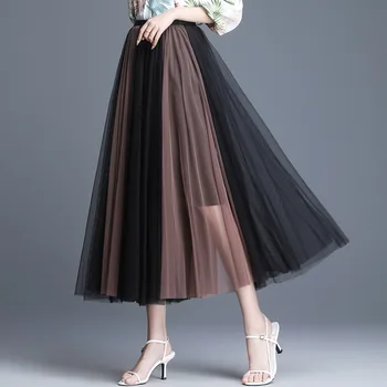 

2020 Summer New High Waist Tulle Maxi Skirt Korean Style A-line Women Long Pleated Skirts Stitched Jupe Femme Faldas Mujer