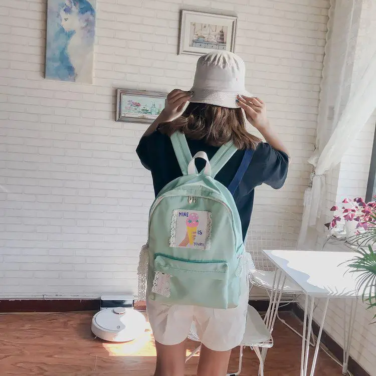 Японская женская сумка на плечо с кружевным бантом, милая Индивидуальная сумка с фруктовым мороженым, рюкзак для девочек, одноцветная Студенческая сумка - Цвет: Синий