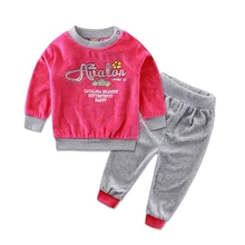 2018 Little Q Spring Long Sleeve Embroidery Velour Pullover Blouse Pants Clothing Set fashion girls font