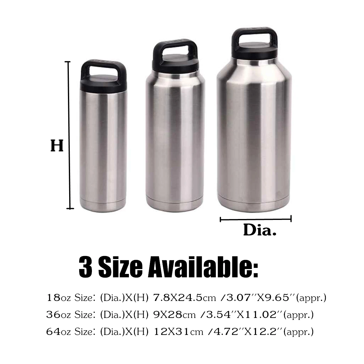 18oz 36oz 64oz Stainless Steel Vacuum Insulated Water Bottle Travel Thermos Cup