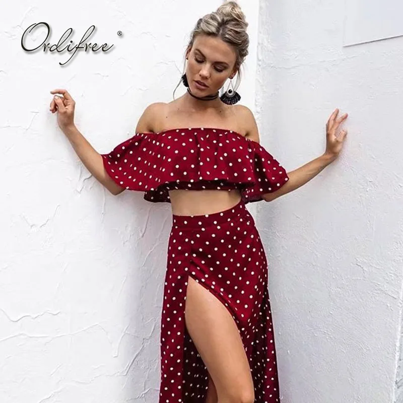 

Ordifree 2018 Summer 2 Piece Set Women Off Shoulder Sexy Top and Split Long Skirt Polka Dot Crop Top and Skirt Set