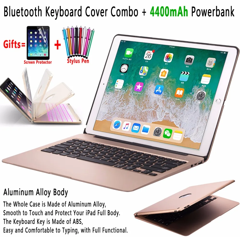 Slim Backlit Aluminum Alloy Wireless Bluetooth Keyboard Case Cover for Apple iPad Pro 12.9 inch 2017 2015 with Powerbank 4400mAh
