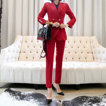 

Work Fashion Pant Suits 2 Piece Set for Women Double Breasted Red Blazer Jacket & Trouser Office Lady Suit Feminino 2019 WS144
