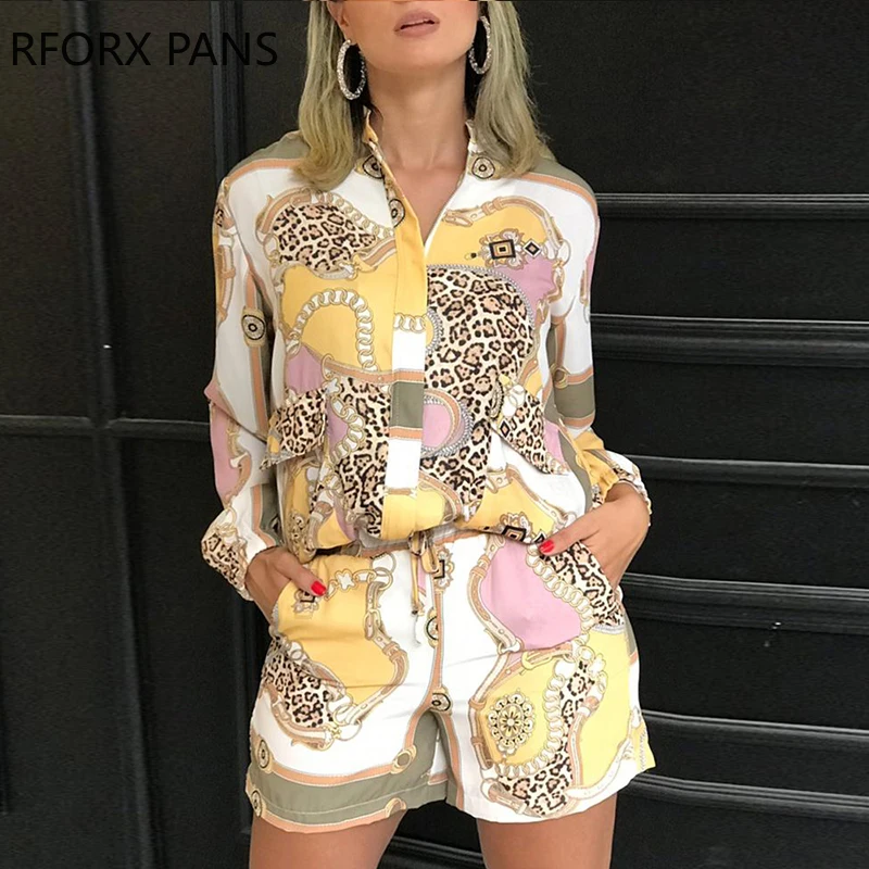 Mixed Print Long Sleeve Top & Short Sets Casual Look for Women 2019