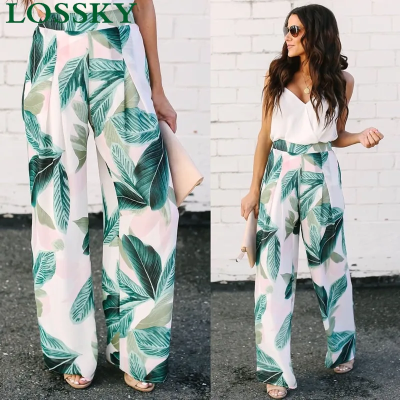 

LOSSKY Leaves Print Wide Leg Pants For Women Casual High Waist Loose Boho Beach Summer Trousers Pant 2019 Leaf Chic Female Pant